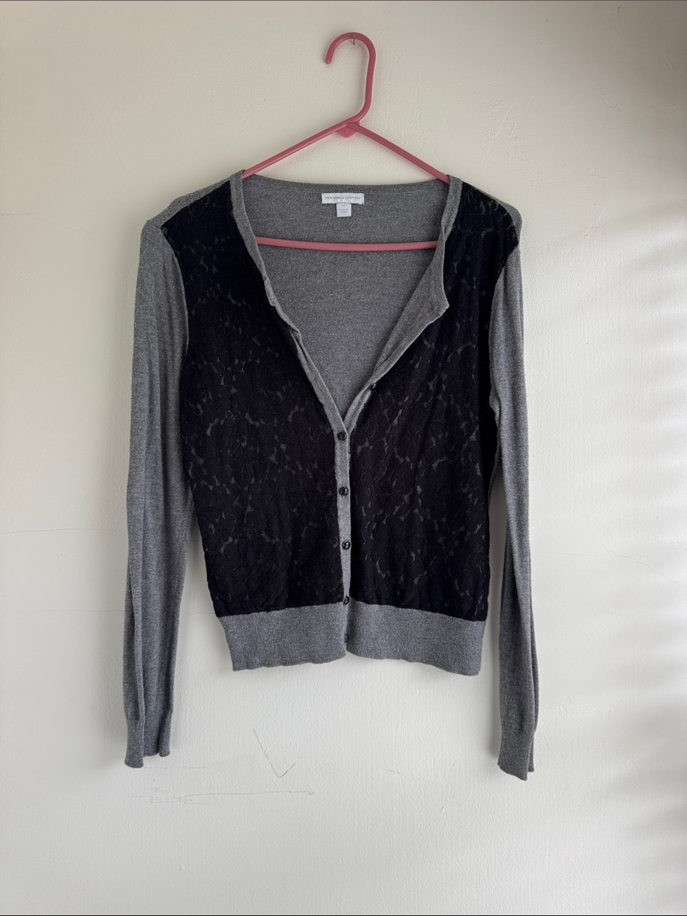 New York & Company Gray and Black Lace Front Cardigan
